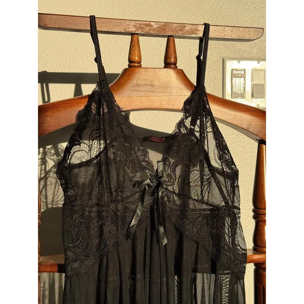 Aviclove Black Lace Babydoll Chemise Nightgown Sheer Lingerie Sleepwear M